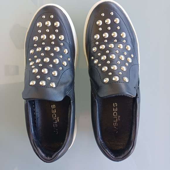 J Slides NYC Black Leather Studded Slip On Plarform Sneakers Women's Size 8.5 - Picture 5 of 7